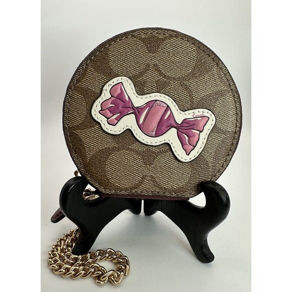 NWT Coach F68849 Round Coin Case in Signature Canvas Pink Candy Chain Ltd. Edit. - Picture 1 of 15